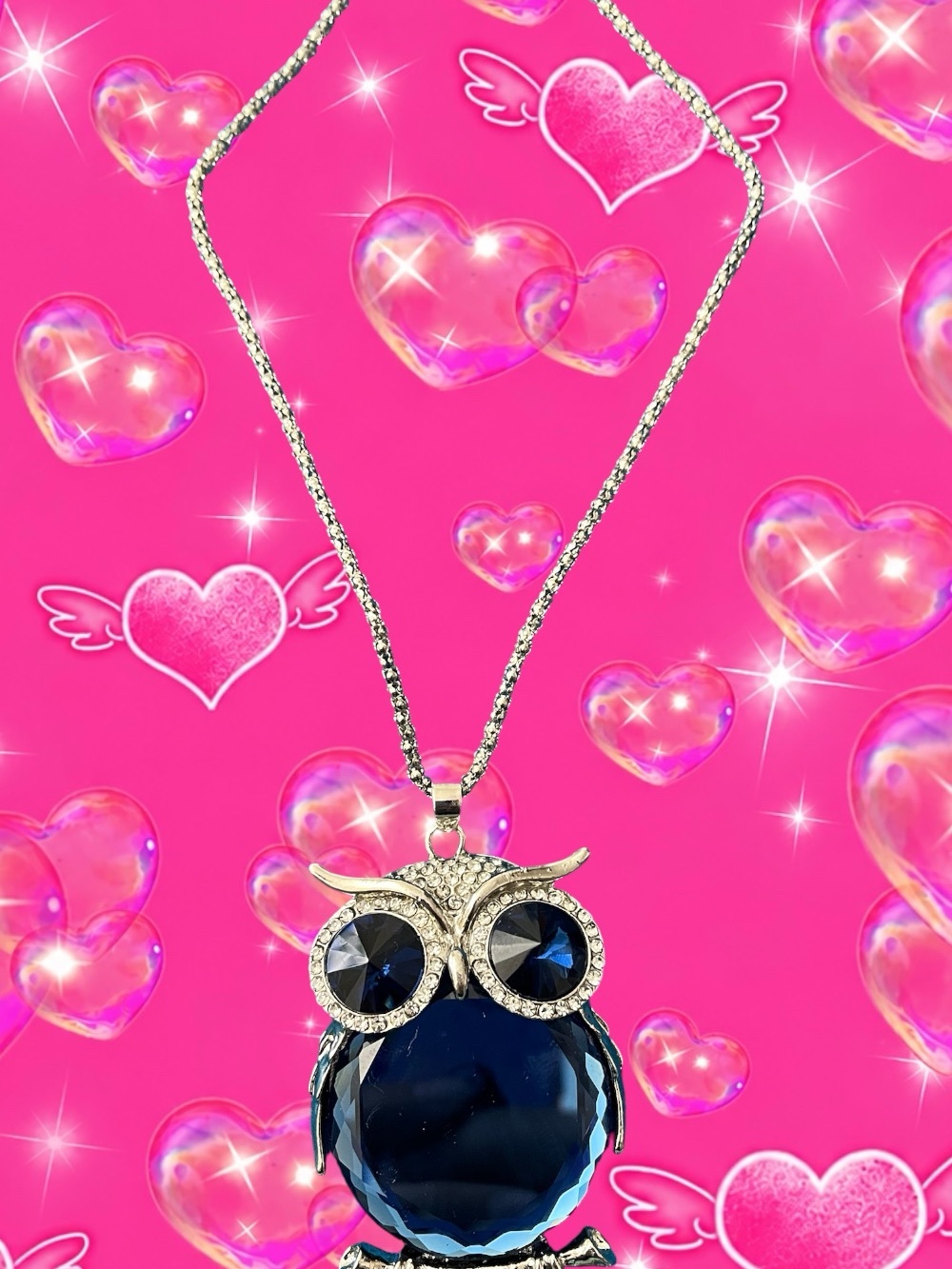 Silver Owl Pendant Necklace with Dark Blue Crystal - Women Jewelry